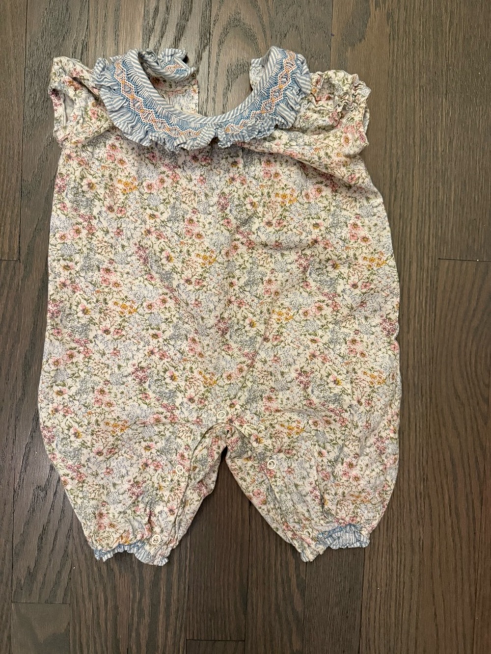 Edgehill Collection Baby Girl Floral Longall Romper Blue Trim - Picture 3 of 4
